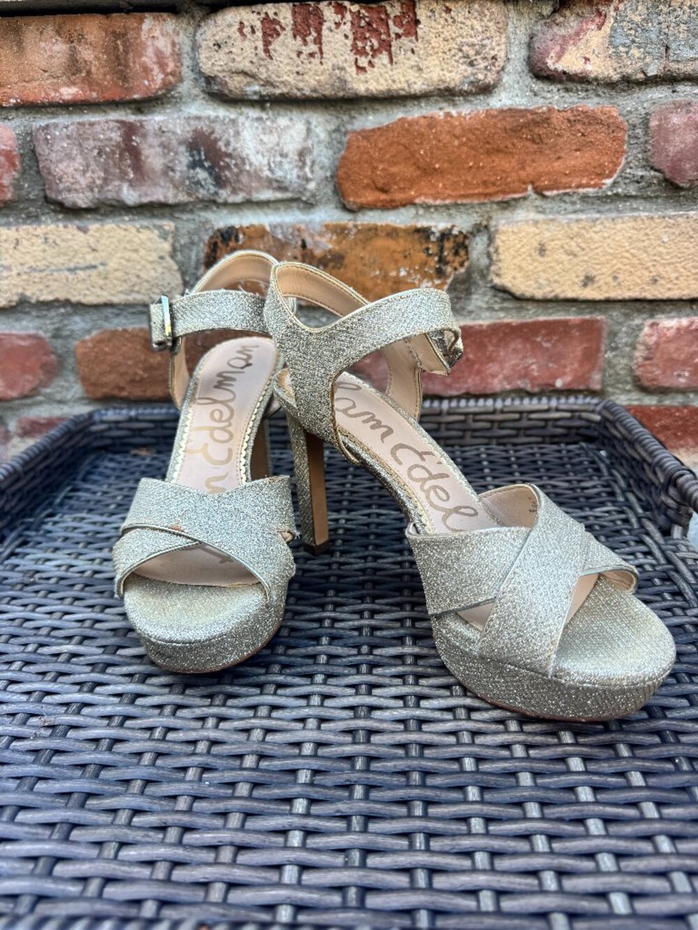 Sam Edelman Gold Glitter Platform Stiletto Sandals Heels